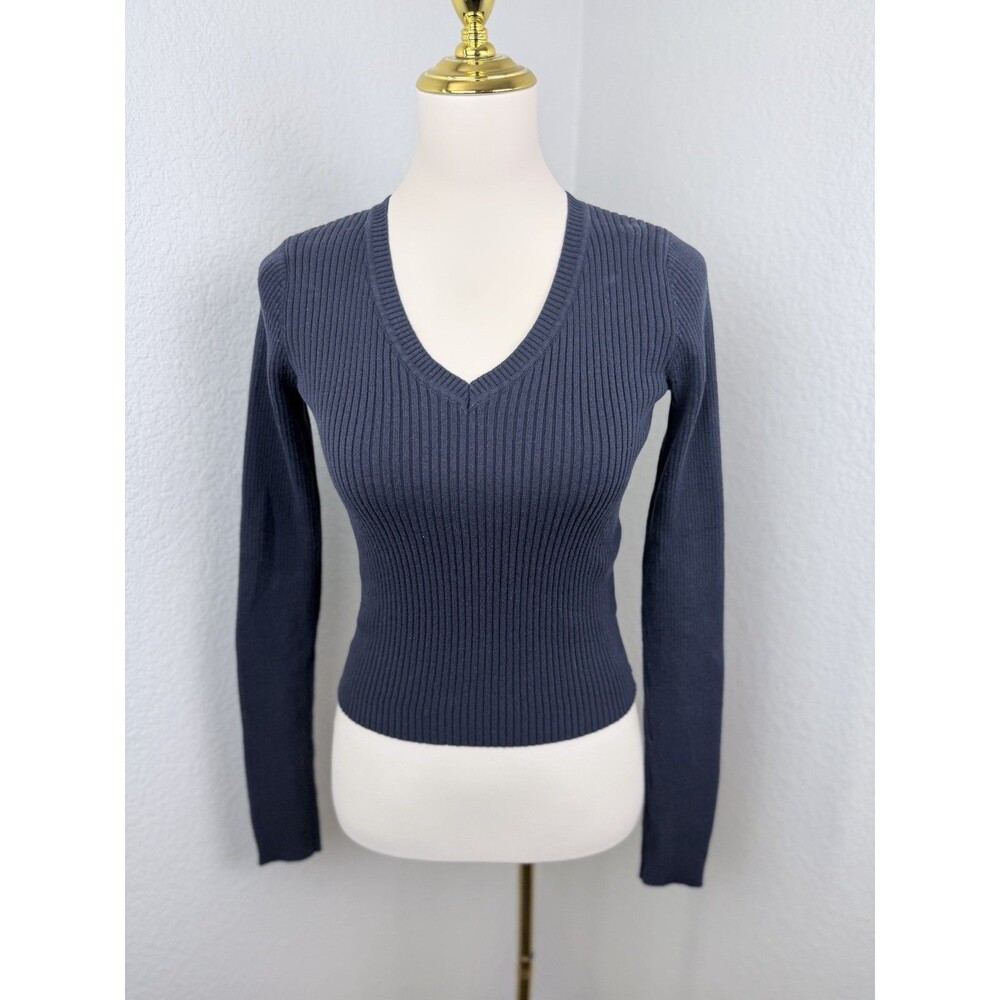 Brandy Melville Navy Blue Ribbed Cropped Sweater One Size